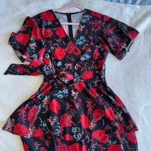 Black and Red Rose with blue accent floral Romper. ( Size L)